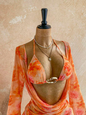 Conjunto De Playa Floral Naranja Tres Piezas