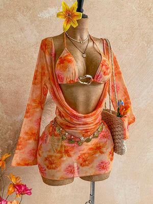 Conjunto De Playa Floral Naranja Tres Piezas