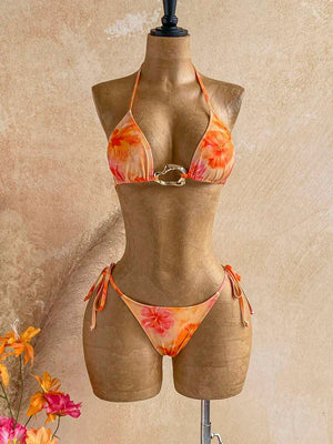 Conjunto De Playa Floral Naranja Tres Piezas