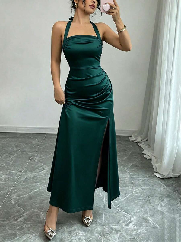 Vestido Largo Satinado Verde Esmeralda Con Abertura