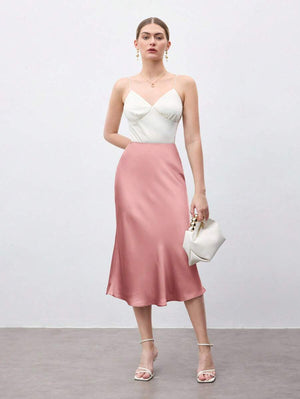 Falda Midi De Satén Rosa Palo Elegante