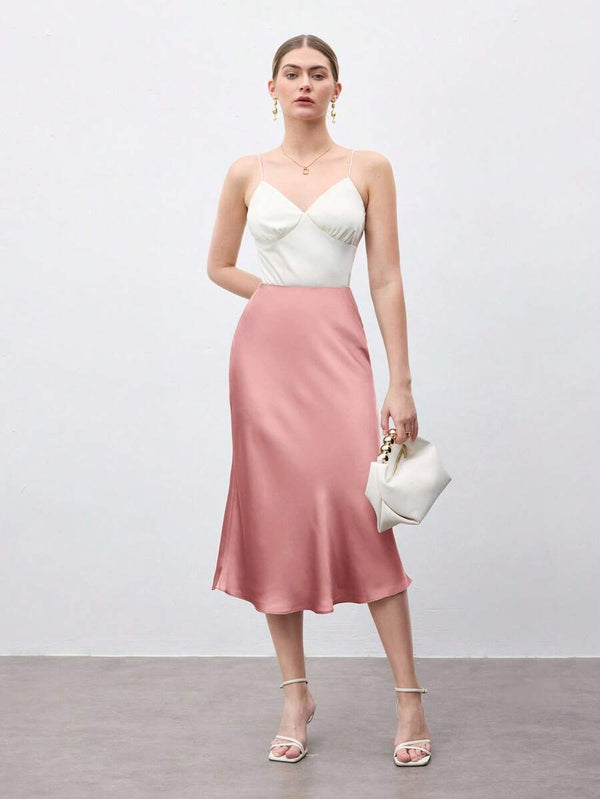 Falda Midi De Satén Rosa Palo Elegante