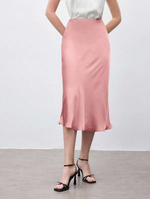 Falda Midi De Satén Rosa Palo Elegante