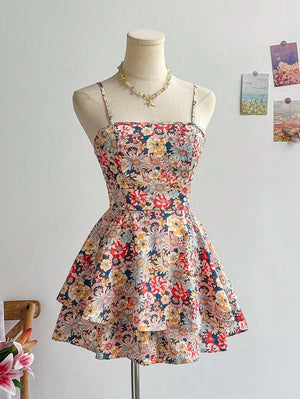 Enterizo Corto De Dos Capas Floral Bohemio Con Tirantes