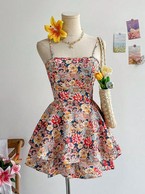 Vista frontal de un vestido corto floral bohemio con tirantes finos y falda de capas en un maniquí.
