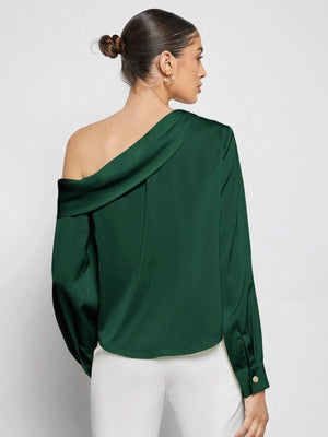 Blusa Asimétrica De Satén Verde Oscuro