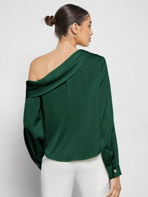 Blusa Asimétrica De Satén Verde Oscuro