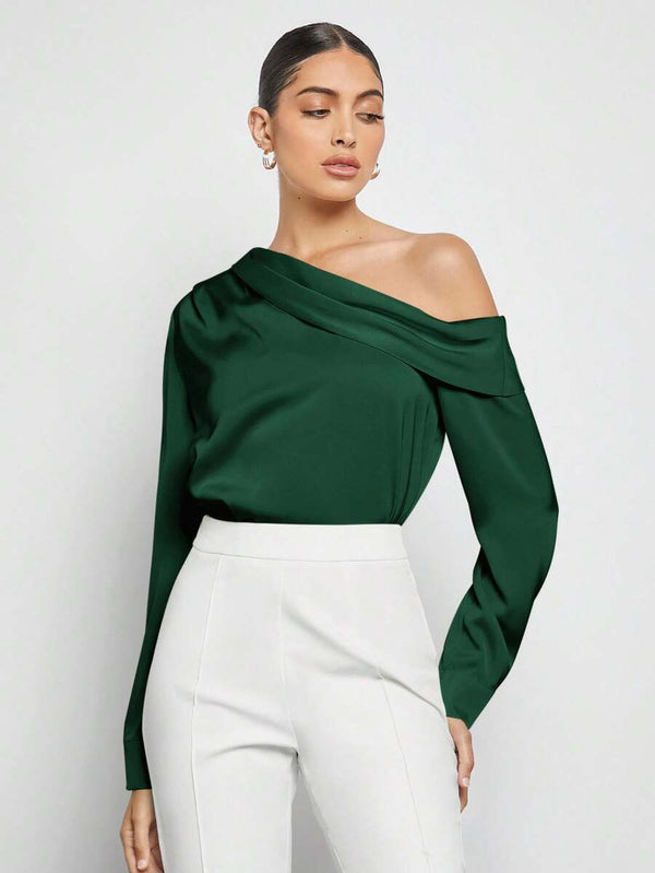Blusa Asimétrica De Satén Verde Oscuro