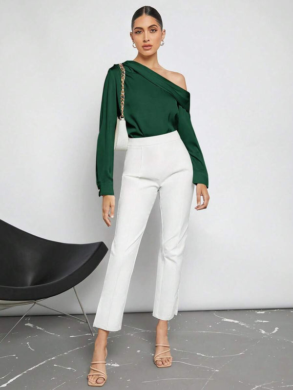 Blusa Asimétrica De Satén Verde Oscuro