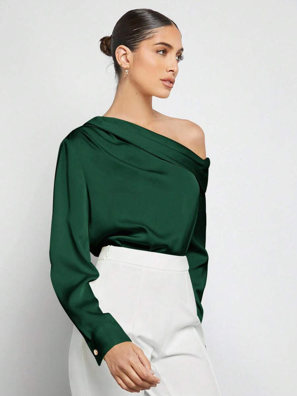 Blusa Asimétrica De Satén Verde Oscuro