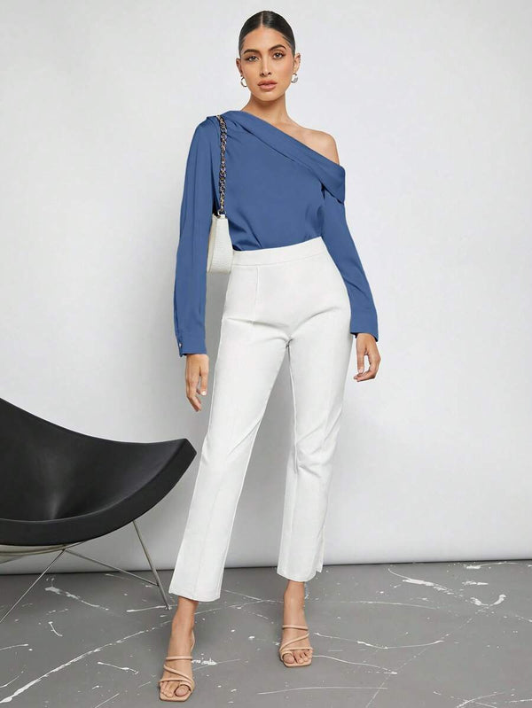 Blusa Asimétrica Elegante de Hombro Descubierto Azul