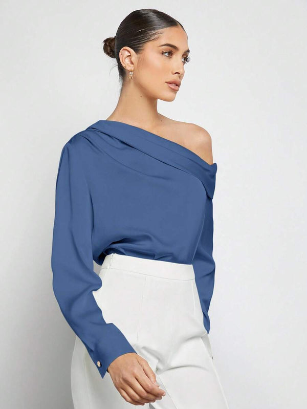 Blusa Asimétrica Elegante de Hombro Descubierto Azul