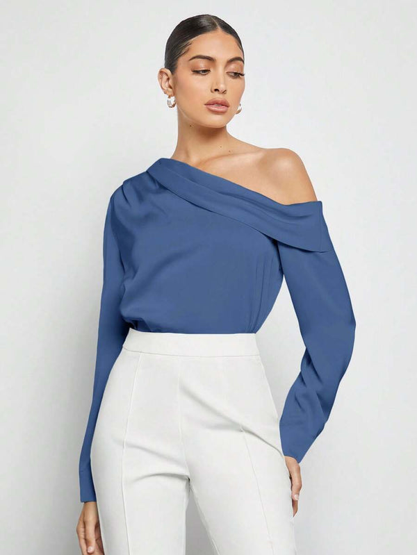 Blusa Asimétrica Elegante de Hombro Descubierto Azul