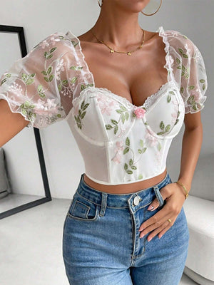 Crop Top Con Bordado Floral De Malla De Manga Farol