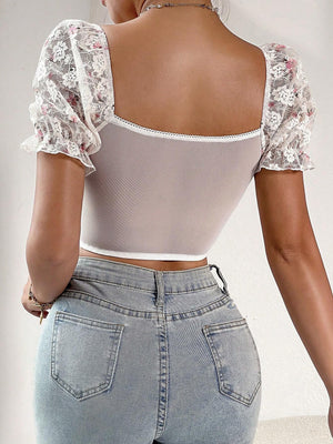 Top Con Bordado Floral De Manga Farol Crop Con Encaje