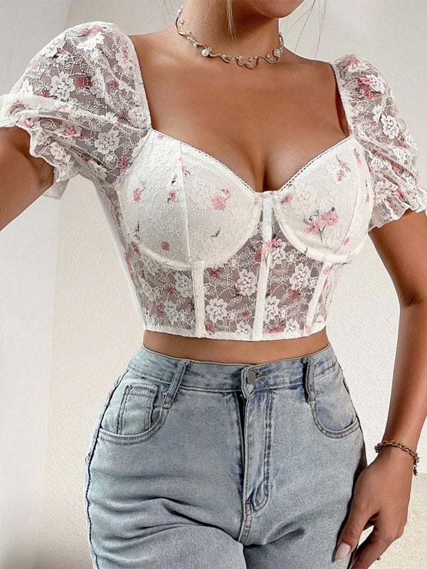 Top Con Bordado Floral De Manga Farol Crop Con Encaje