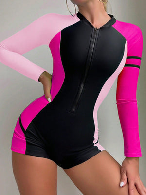 Traje De Baño Deportivo Multicolor Con Cremallera Y Manga Larga