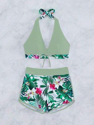 Bikini con Shorts y Estilo Tropical Verde de Ajuste Seguro