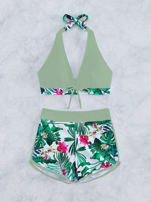 Bikini con Shorts y Estilo Tropical Verde de Ajuste Seguro