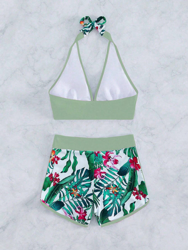 Bikini con Shorts y Estilo Tropical Verde de Ajuste Seguro