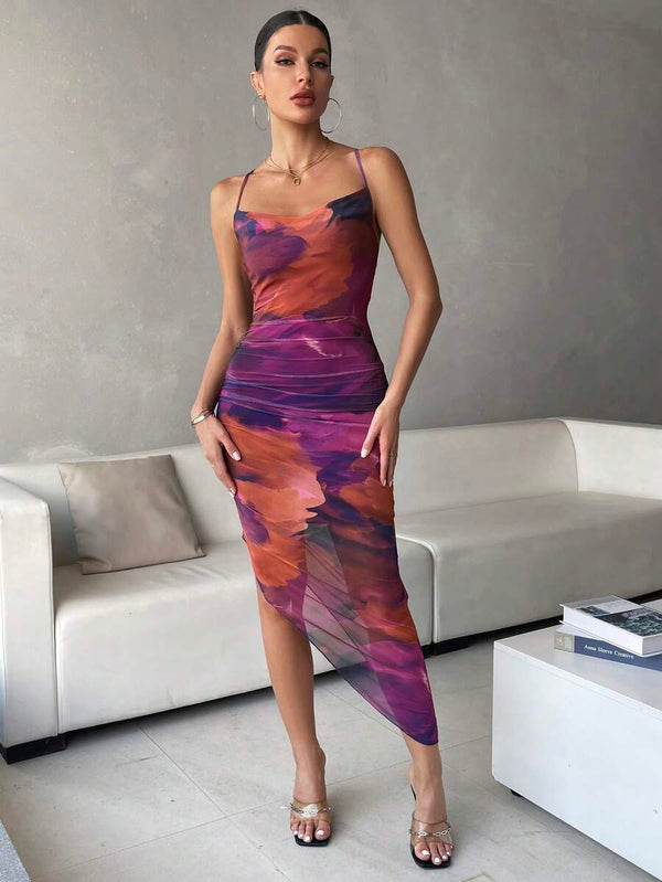 Vestido Midi Tie-Dye Ajustado Con Fruncido