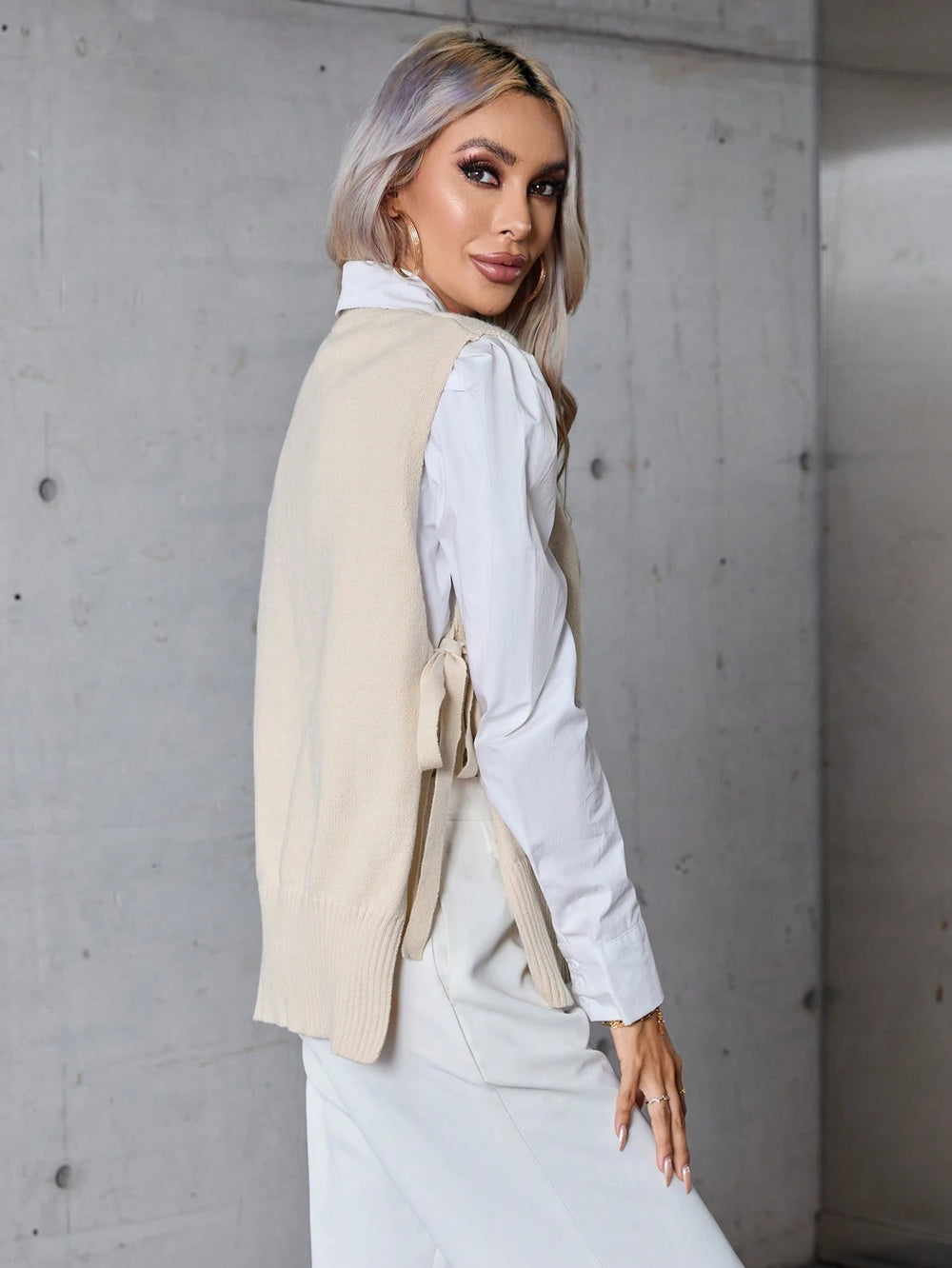 Suéter Sin Mangas Albaricoque Con Cuello En V Para Mujer