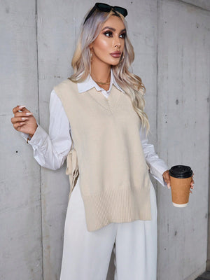 Suéter Sin Mangas Albaricoque Con Cuello En V Para Mujer