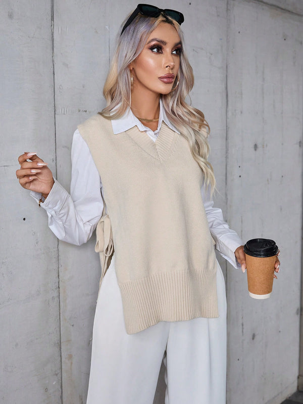 Suéter Sin Mangas Albaricoque Con Cuello En V Para Mujer