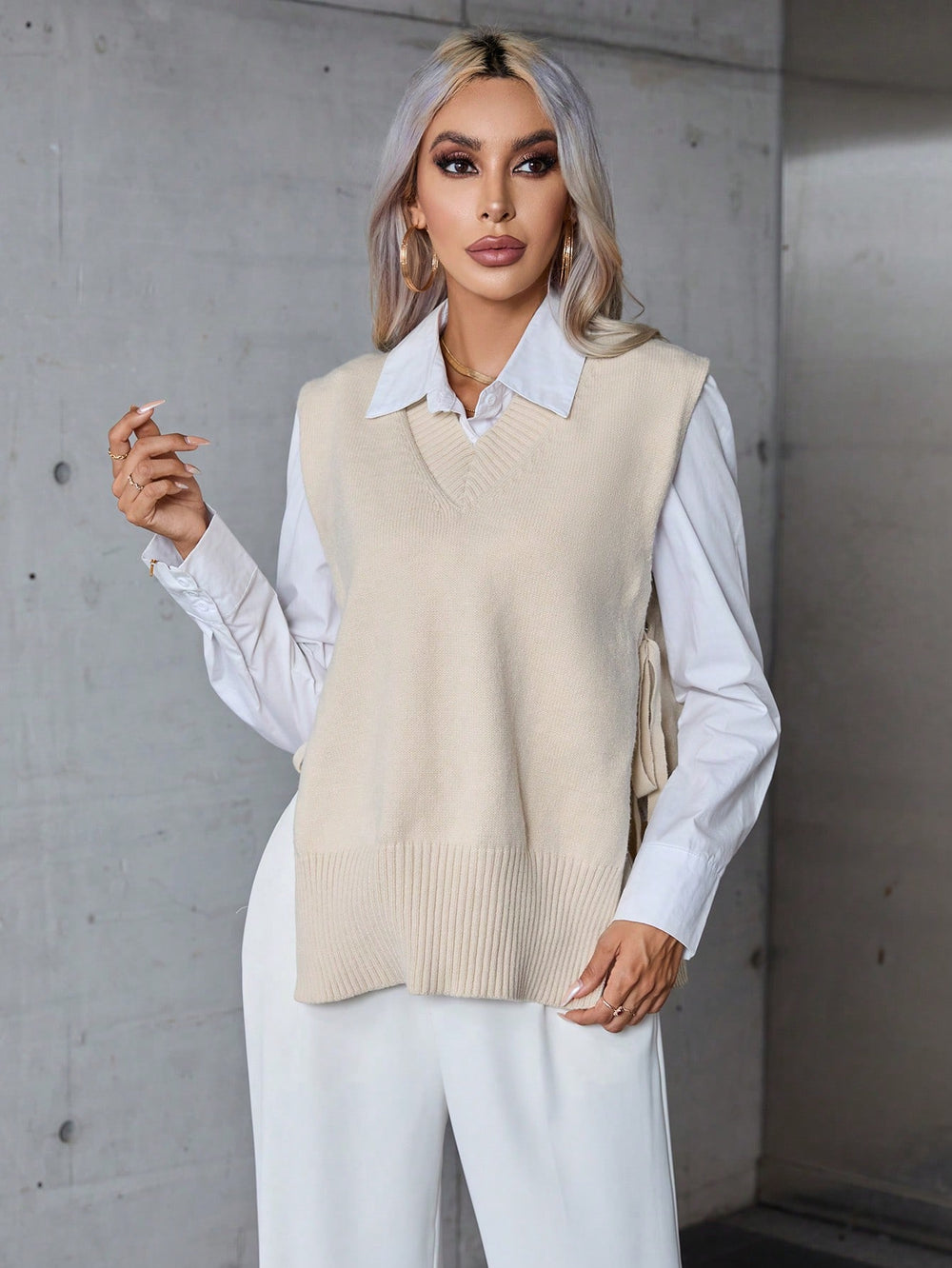 Suéter Sin Mangas Albaricoque Con Cuello En V Para Mujer