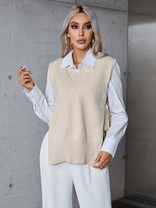 Suéter Sin Mangas Albaricoque Con Cuello En V Para Mujer