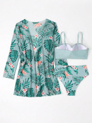 Conjunto De Bikini Tropical Verde Con Salida Larga Y Push Up
