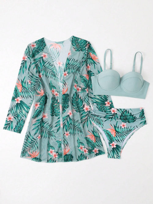 Conjunto De Bikini Tropical Verde Con Salida Larga Y Push Up