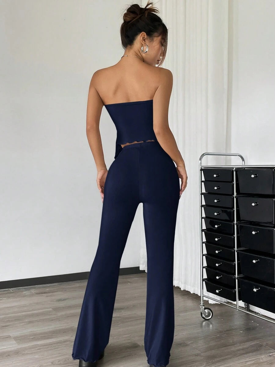Conjunto azul oscuro bandeau con pantalón largo vista frontal