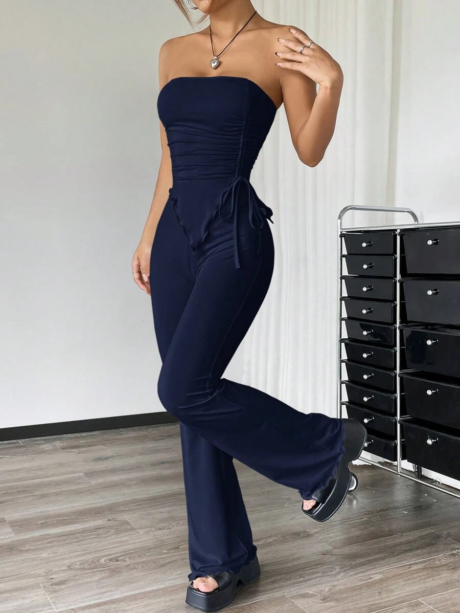 Conjunto azul oscuro bandeau con pantalón largo vista frontal