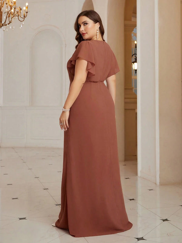 Vestido Elegante Maxi Con Mangas De Volante Color Café