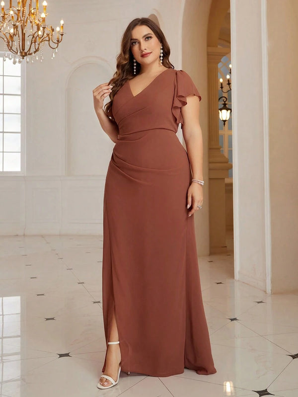 Vestido Elegante Maxi Con Mangas De Volante Color Café