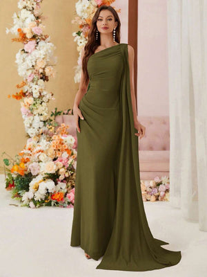Jumpsuit Elegante De Un Hombro Con Capa Verde Militar