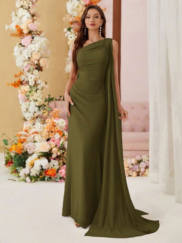 Jumpsuit Elegante De Un Hombro Con Capa Verde Militar