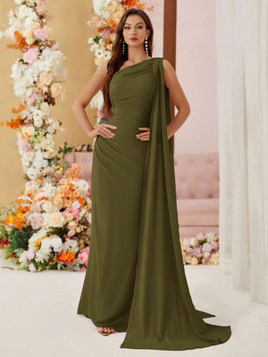 Jumpsuit Elegante De Un Hombro Con Capa Verde Militar