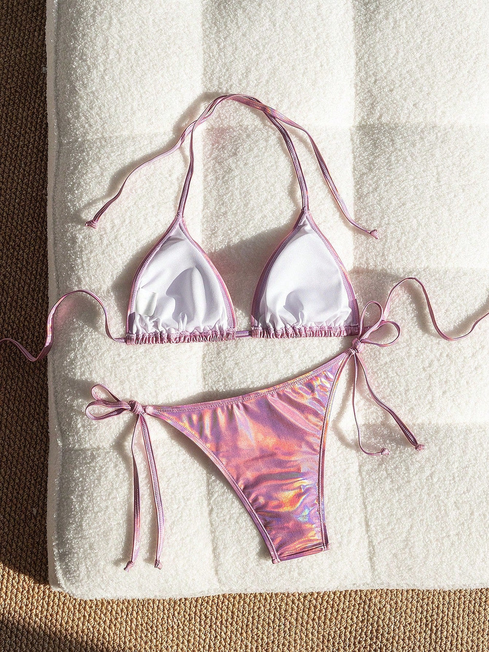 Bikini Metálico Triangular Rosa Con Lazo Ajustable