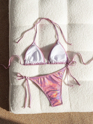 Bikini Metálico Triangular Rosa Con Lazo Ajustable