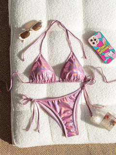 Bikini Metálico Triangular Rosa Con Lazo Ajustable