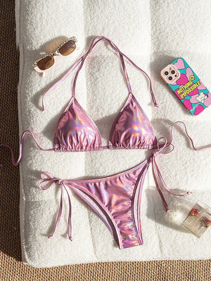 Bikini Metálico Triangular Rosa Con Lazo Ajustable