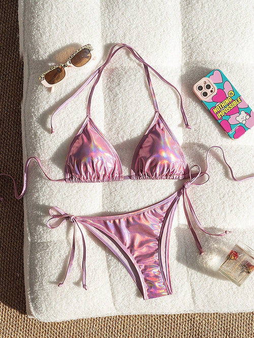 Bikini Metálico Triangular Rosa Con Lazo Ajustable