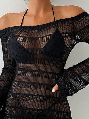 Detalle de tejido del Vestido Playero Negro Semitransparente Con Hombros Descubiertos Y Cordón.