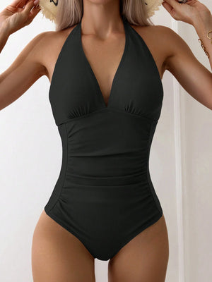 Traje De Baño Enterizo Halter Negro Con Fruncido