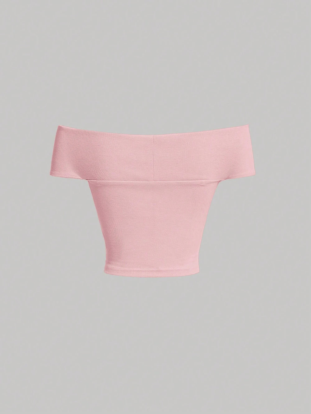 Top rosa crop con nudo frontal y hombros descubiertos – vista frontal