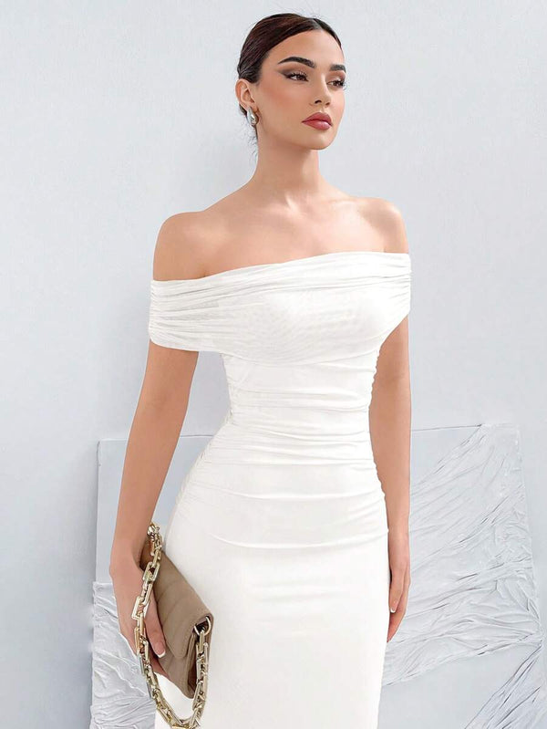 Vestido Blanco Hombros Descubiertos Elegante Fruncido