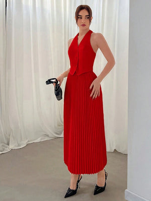 Conjunto Elegante Rojo De Falda Plisada Y Top Halter