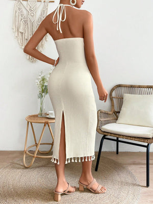 Vestido largo albaricoque halter ajustado vista posterior
